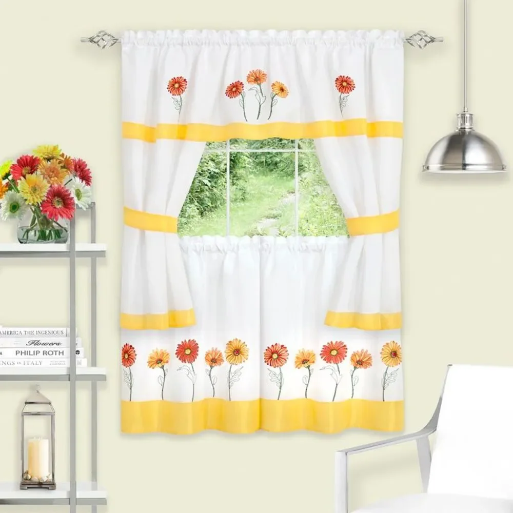 PowerSellerUSA Daisy Art Tier and Swag Window Curtain Set, Flower Design Bedroom